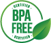Icon with words 'BPA FREE' shown in green and white with green leaf image