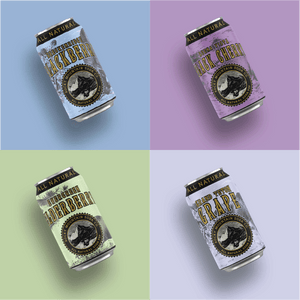 Four assorted soda cans with pastel blue, purple, mint and mauve and lavender packaging pictured in grid formation.