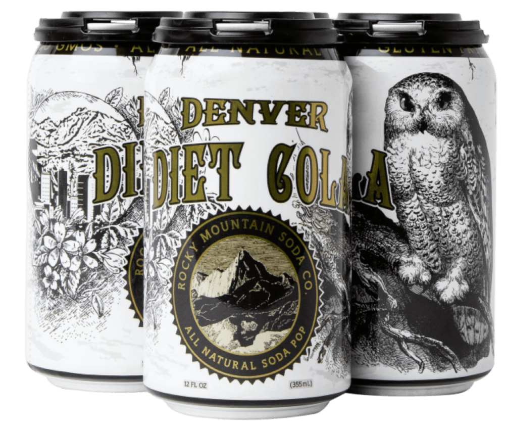Four-pack of white Denver Diet Cola cans by Rocky Mountain Soda Company with snow owl illustration