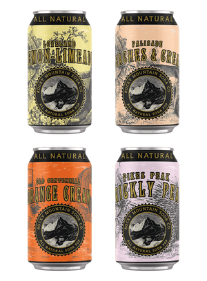 Adjacent cans of assorted soda flavors from Rocky Mountain Soda Company's Fruit Variety Pack