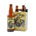 Brown bottle of Loveland Lemon-Limeade soda pictured beside four-pack with wildcat illustration on packaging