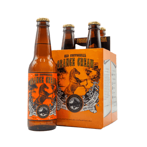 Brown bottle of Old Centennial Orange Cream soda with mare illustration on label pictured beside four-pack