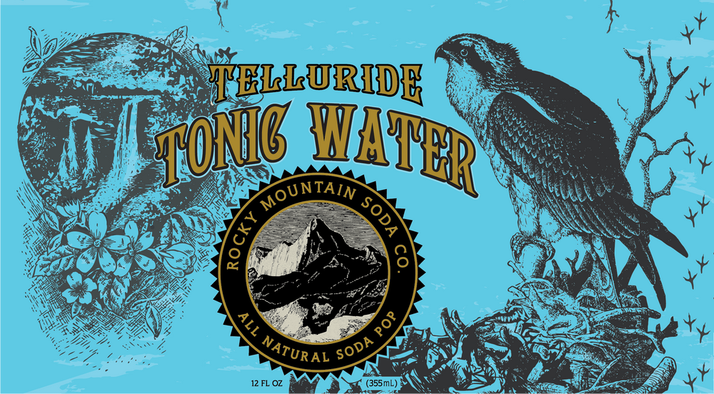 Turquoise label for Telluride Tonic Water with hawk illustration