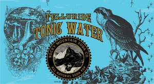 Turquoise label for Telluride Tonic Water with hawk illustration