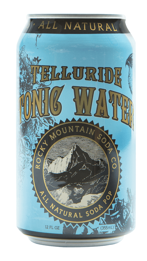 Turquoise can of Rocky Mountain Soda Company's Telluride Tonic Water with hawk illustration