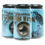 Four-pack of turquoise Telluride Tonic Water cans with hawk illustrations