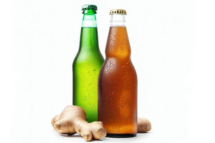 Ginger beer and ginger ale bottles beside ginger root