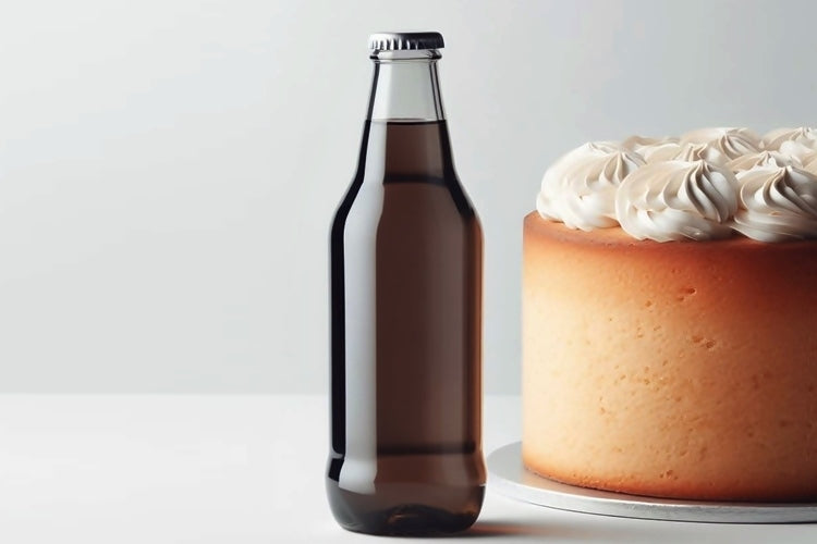 Glass root beer bottle beside vanilla cake with white frosting