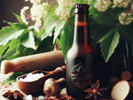 Sarsaparilla plant, sugar, rolling pin and glass root beer bottle.