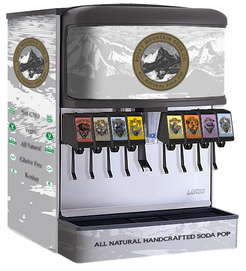 Soda fountain with eight Rocky Mountain Soda Co. drink flavors and built-in ice machine
