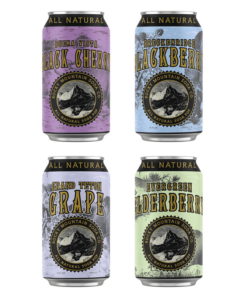 Four adjacent cans of assorted soda flavors from Rocky Mountain Soda Company