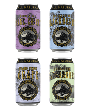 Four adjacent cans of assorted soda flavors from Rocky Mountain Soda Company