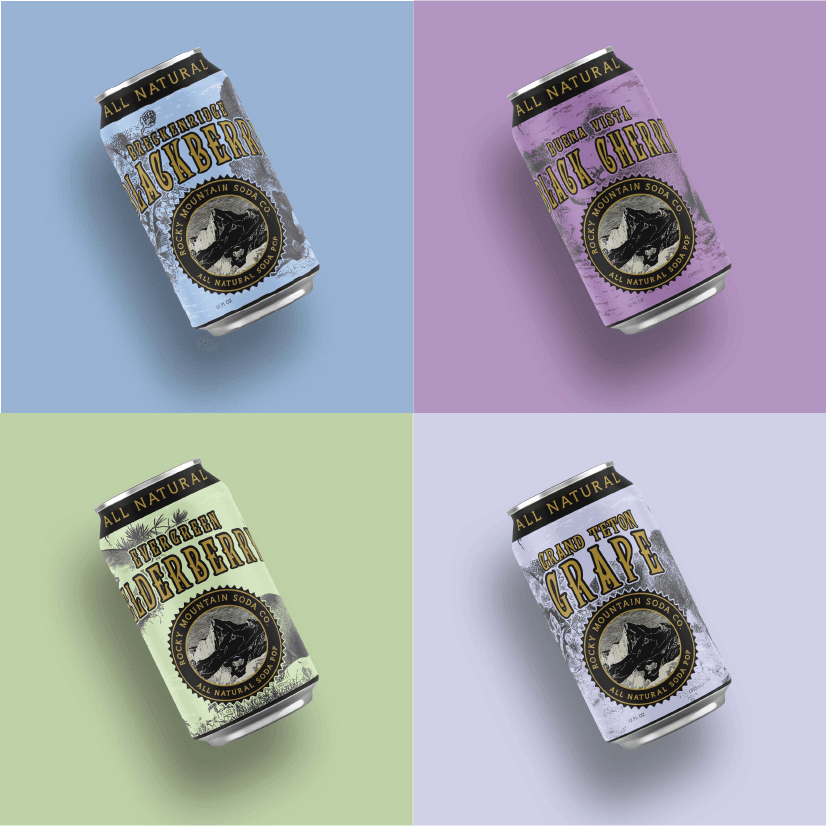 Four assorted soda cans with pastel blue, purple, mint and mauve and lavender packaging pictured in grid formation.