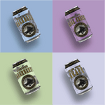 Four assorted soda cans with pastel blue, purple, mint and mauve and lavender packaging pictured in grid formation.