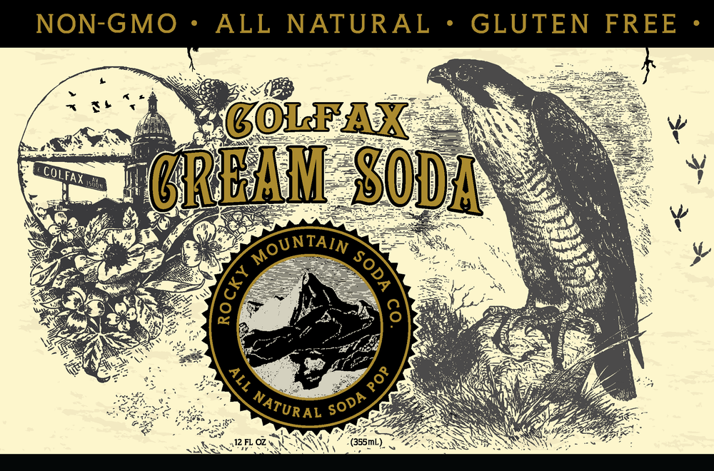 Flattened cream-colored soda label for Colfax Cream Soda illustrations of Colorado's state bird, flower and Capitol