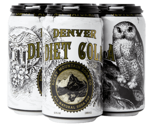 
            
                Load image into Gallery viewer, Four-pack of white Denver Diet Cola cans by Rocky Mountain Soda Company with snow owl illustration
            
        