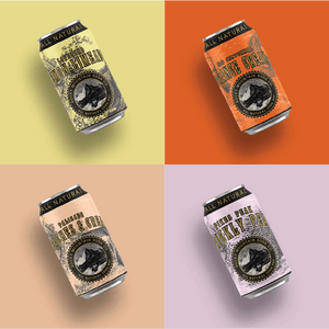 Four assorted soda cans with yellow, peach, orange and lavender packaging pictured in grid formation.