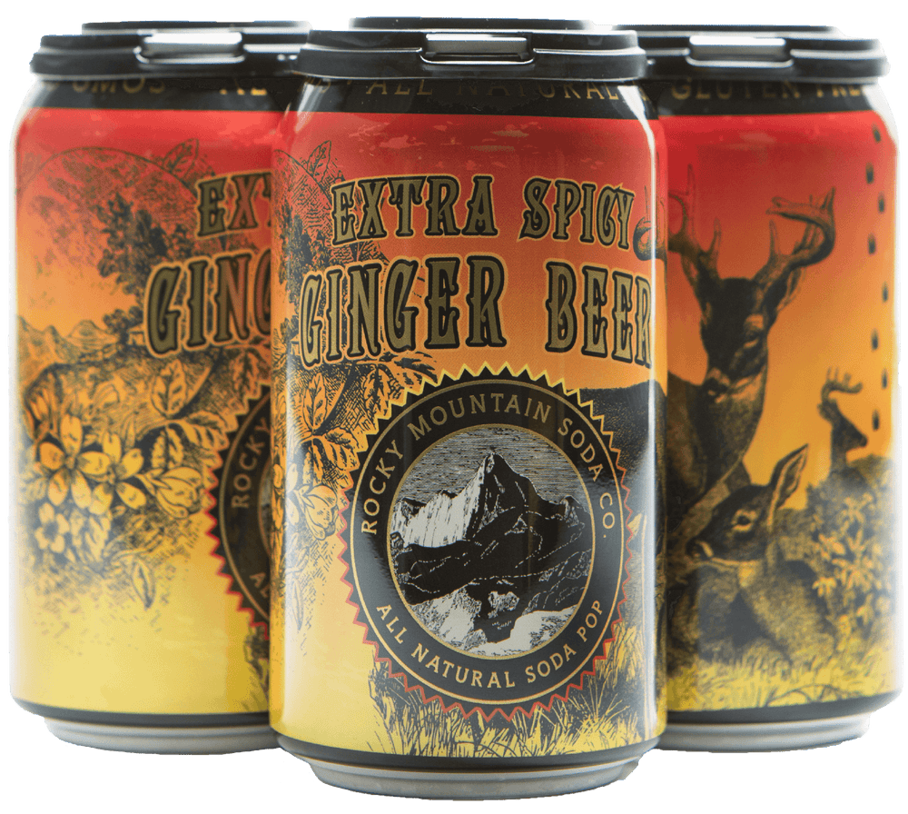 
            
                Load image into Gallery viewer, Four-pack of Extra Spicy Ginger Beer cans by Rocky Mountain Soda Company with orange gradient coloring 
            
        