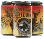 Four-pack of Extra Spicy Ginger Beer cans by Rocky Mountain Soda Company with orange gradient coloring 