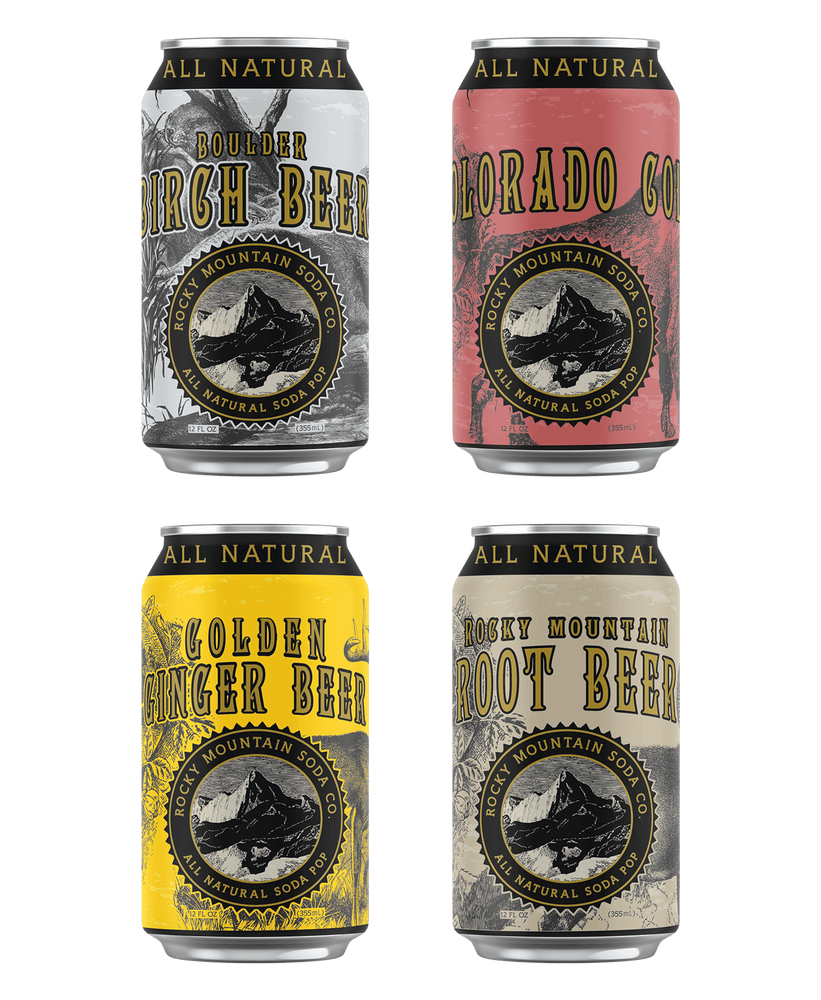 Four adjacent cans of assorted soda flavors from Rocky Mountain Soda Company's Roots and Beers Flavors variety pack