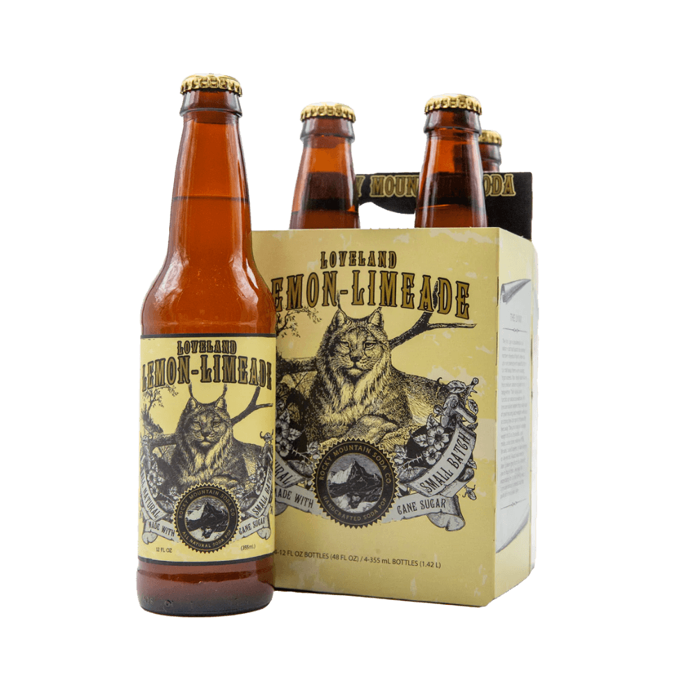 Brown bottle of Loveland Lemon-Limeade soda pictured beside four-pack with wildcat illustration on packaging