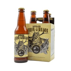 Brown bottle of Loveland Lemon-Limeade soda pictured beside four-pack with wildcat illustration on packaging