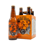 Brown bottle of Old Centennial Orange Cream soda with mare illustration on label pictured beside four-pack