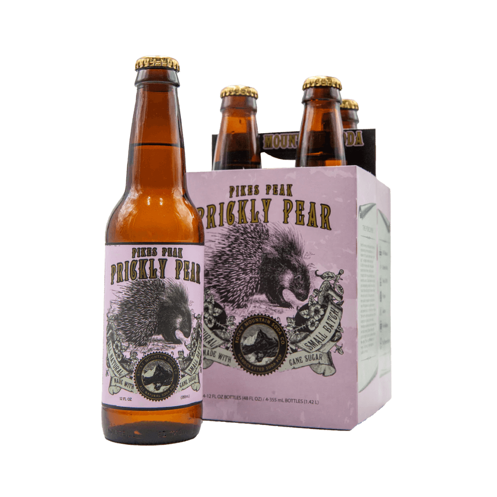 Brown bottle of Pike's Peak Prickly Pear soda with porcupine illustration on label pictured beside four-pack