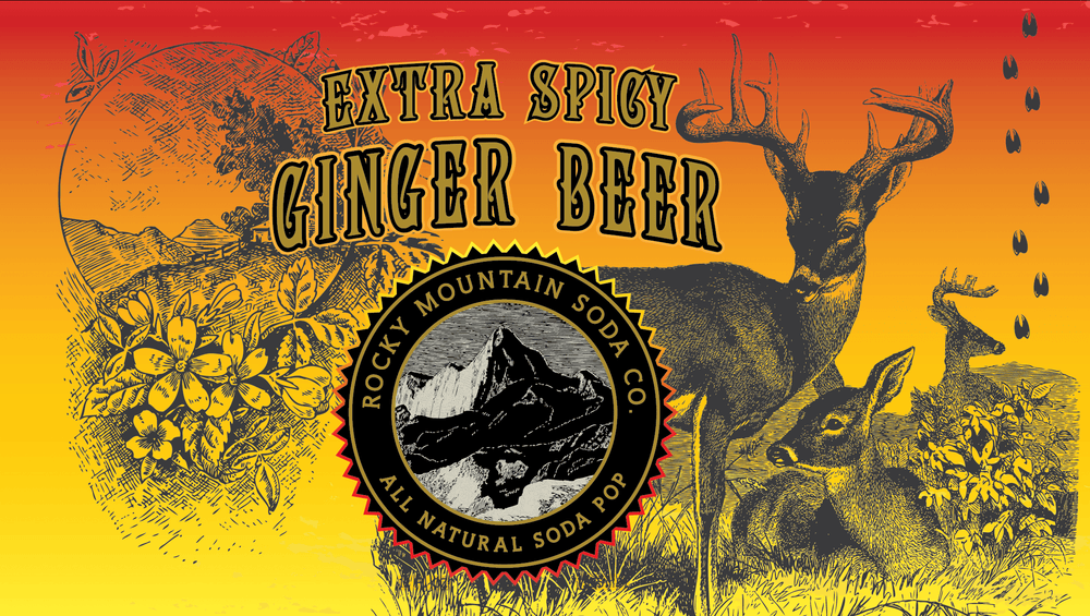 
            
                Load image into Gallery viewer, Flattened label for Extra Spicy Ginger Beer soda with deer illustrations and with orange gradient coloring
            
        