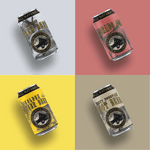 Four assorted soda cans with gray, light red, yellow and beige packaging pictured in grid formation.