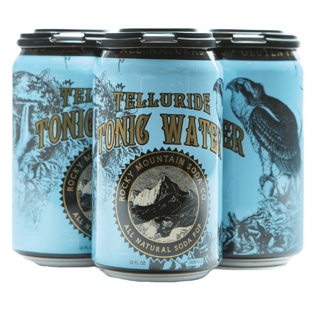 
            
                Load image into Gallery viewer, Four-pack of turquoise Telluride Tonic Water cans with hawk illustrations
            
        