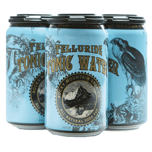 Four-pack of turquoise Telluride Tonic Water cans with hawk illustrations